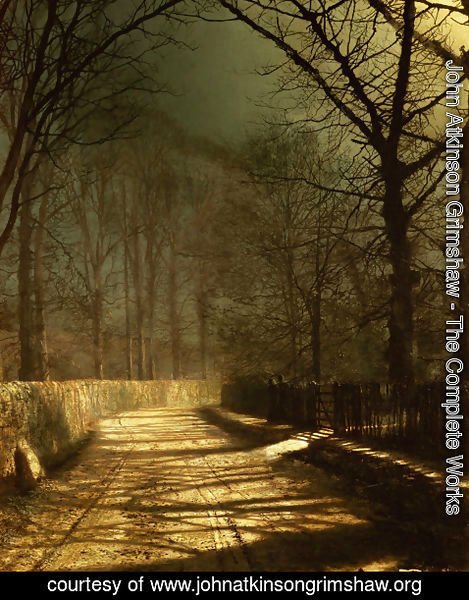 John Atkinson Grimshaw - A Moonlit Lane with two lovers by a gate
